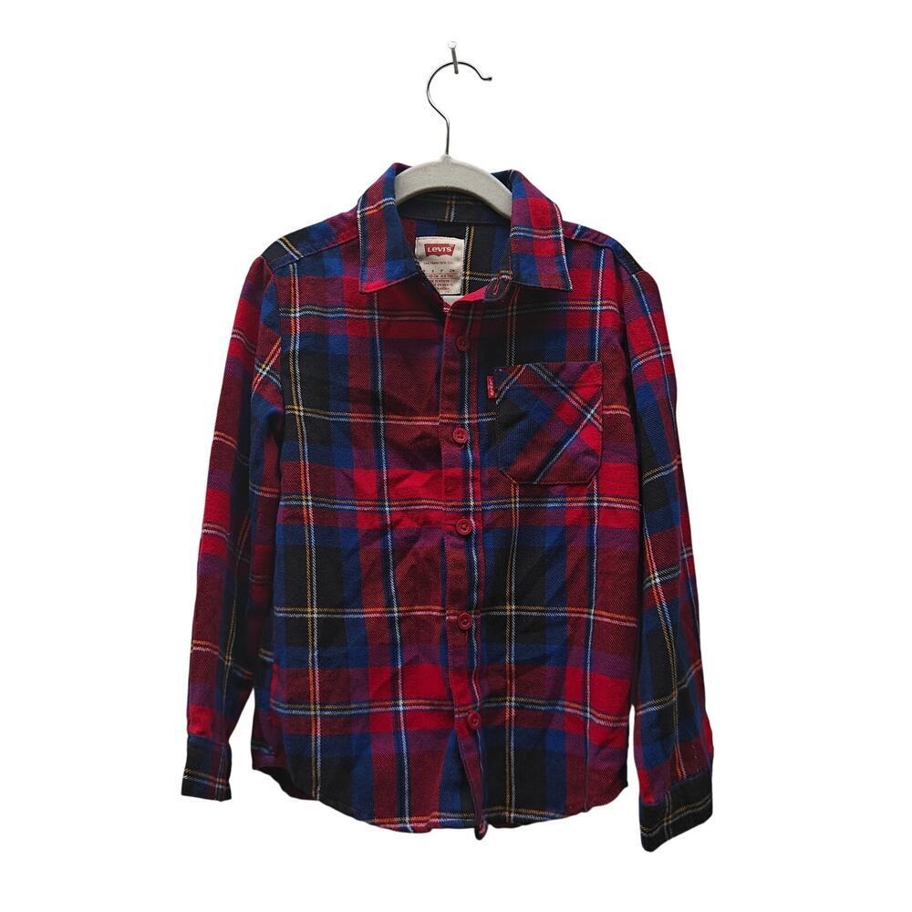 Levi’s Kids Flannel Shirt Red Blue Plaid Size S 4-5Y Button Front Warm Cozy Soft